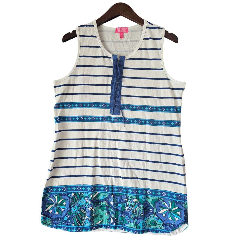Southern Breeze Mini Tank Top Dress Striped Sleeveless Blue White Stretch XL